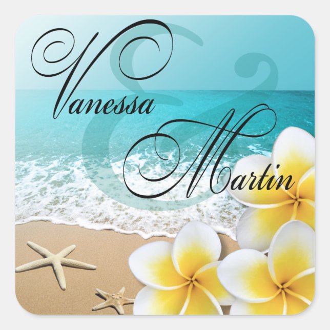 Plumeria Starfish Beach Tropical Hawaii Favor Square Sticker (Front)