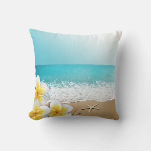 Plumeria Starfish Beach Tropical Hawaii Throw Pillow