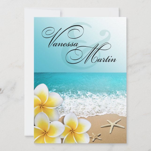 Plumeria Starfish Beach Tropical Wedding Invitation (Front)