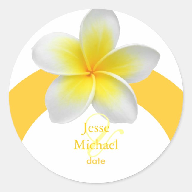 Plumeria wedding stickers, custom trim classic round sticker (Front)