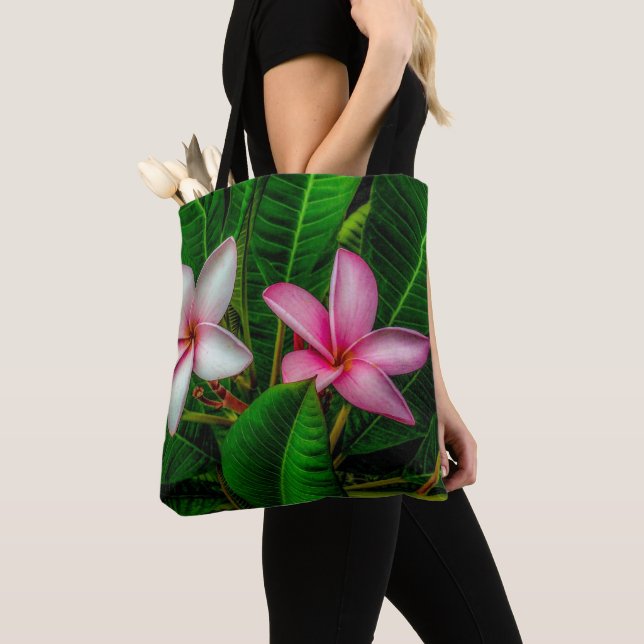 Plumerias in White and Pink Tote Bag (Close Up)