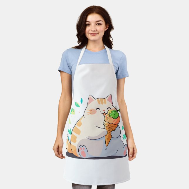 Plump Cat Enjoying Ice Cream – Whimsical Summer Ap Apron (Worn)