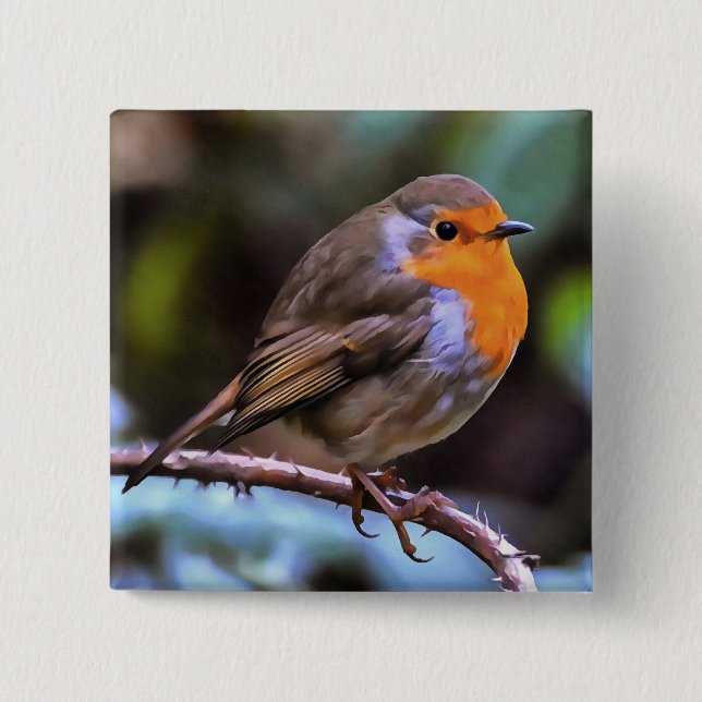 Plump Robin Perched On A Branch Wildlife Art Button (Front)