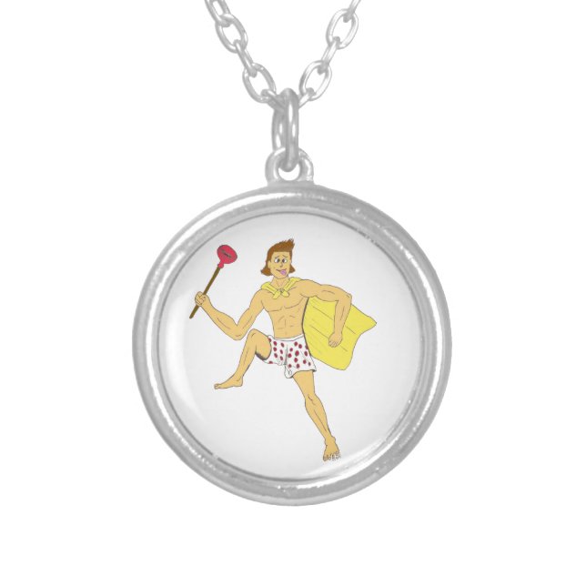 plunger and underwear guy  silver plated necklace (Front)