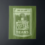 Plunger coffee pop art food packaging illustration tapestry<br><div class="desc">A pop art illustration which has a green sachet full of plunger coffee. Design for coffee lovers. Is part of my pop art food collection. The coffee packet is green and has customizable text.</div>