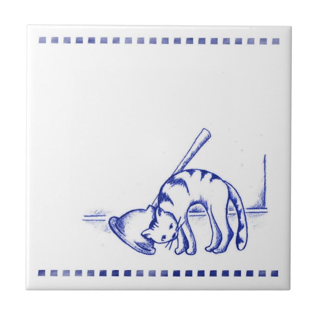 Plunger Rubbing Kitty Cat Bathroom Toile Look Ceramic Tile (Front)