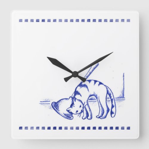 Plunger Rubbing Kitty Cat Bathroom Toile Look Square Wall Clock
