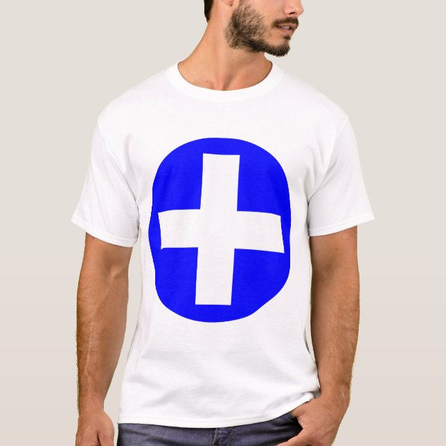 Plus Sign in white with blue T-Shirt (Front)