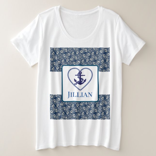 Plus Sized Personalized Navy Blue Floral T-shirt (Design Front)