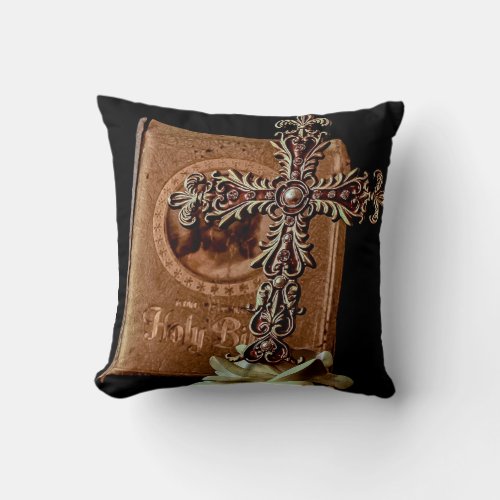 Plush Antique Bible and Cross Graphic Art Throw Pillow