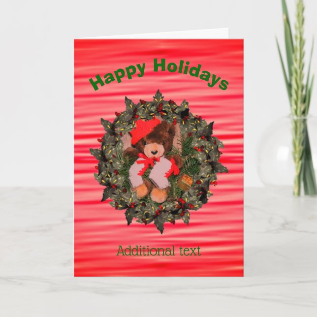 Plush Bear Holly Berry Wreath Christmas Card (Front)