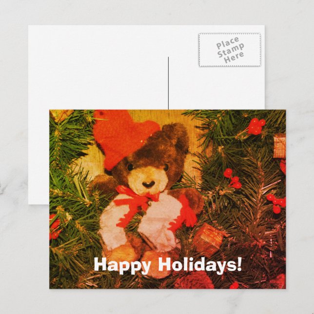 Plush Bear On Wreath Christmas Holiday Postcard (Front/Back)
