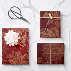 Plush Burgundy Red and Gold Damask Wrapping Paper Sheets