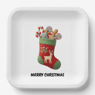 Plush Christmas Stocking Illustration Paper Plates