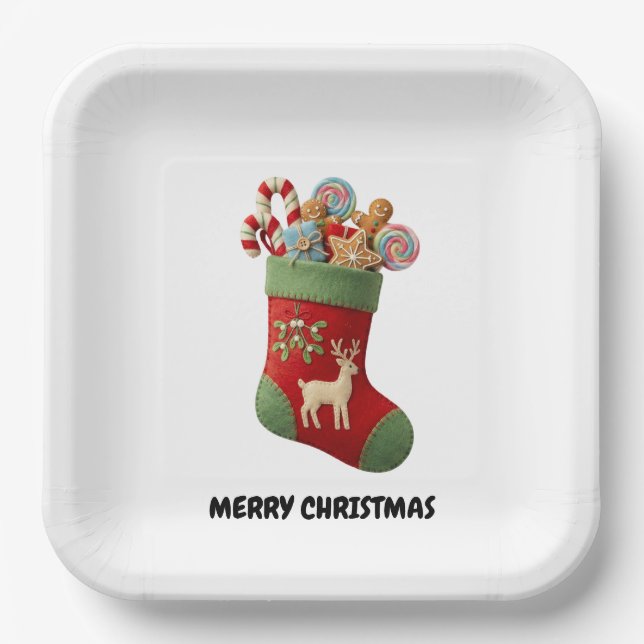Plush Christmas Stocking Illustration Paper Plates (Front)