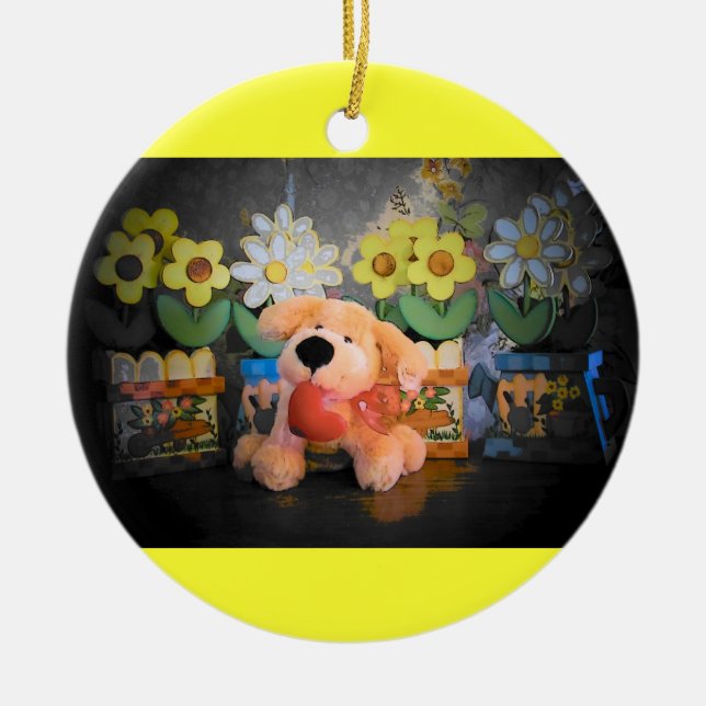 Plush Dog / cat and flowers Ceramic Ornament (Front)