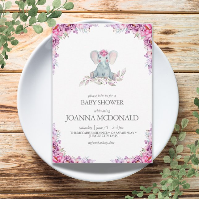 Plush Elephant | Safari Floral Baby Girl Shower Invitation (Plush Elephant | Safari Floral Baby Girl Shower Invitation)