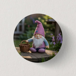 Plush Gnome Figurine with Woven Basket in Summer Button