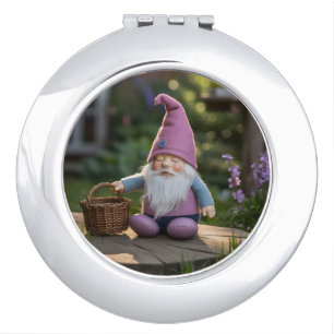 Plush Gnome Figurine with Woven Basket in Summer Compact Mirror