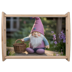 Plush Gnome Figurine with Woven Basket in Summer Serving Tray