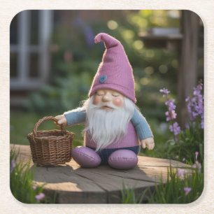 Plush Gnome Figurine with Woven Basket in Summer Square Paper Coaster