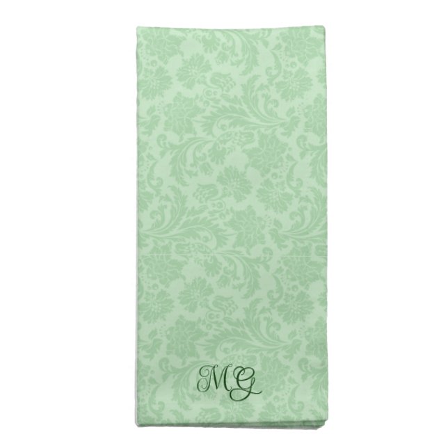 Plush green damask background gold monogram cloth napkin (Folded)