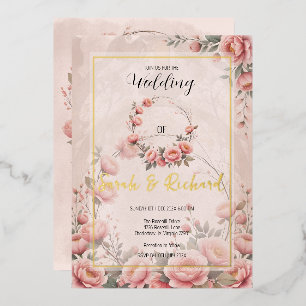 Plush Peach Pink Secret Garden Floral Wedding Foil Invitation