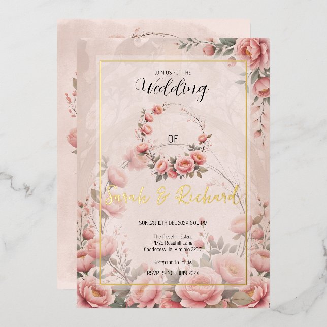 Plush Peach Pink Secret Garden Floral Wedding Foil Invitation (Front/Back)