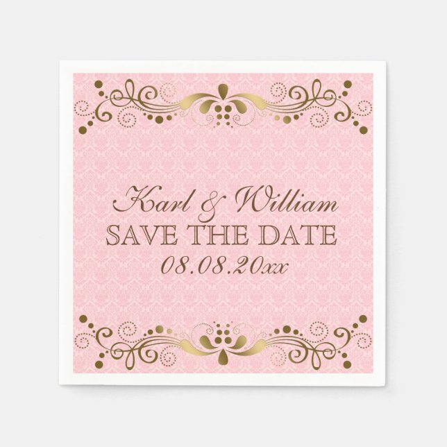 Plush Pink Damasks & Gold Lace Paper Napkins (Front)