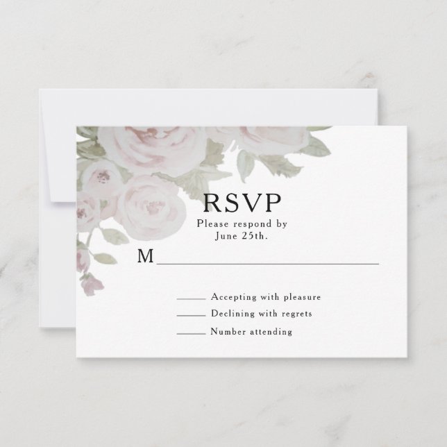 Plush Pink Gray Rose Floral Watercolor Wedding RSVP Card (Front)