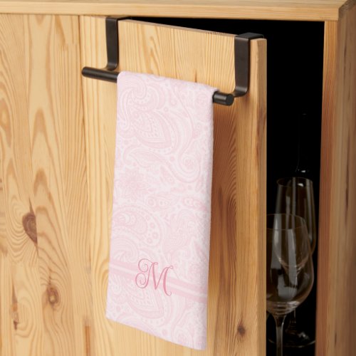 Plush Pink Paisley Pattern Stripes and Monogram Kitchen Towel