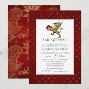Plush Red and Gold Damask and Lattice Bar Mitzvah Invitation