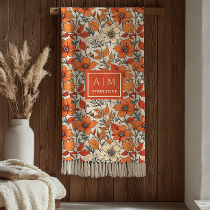 Plush Rusty Tones Sage Olive Autumn Floral Print Fleece Blanket