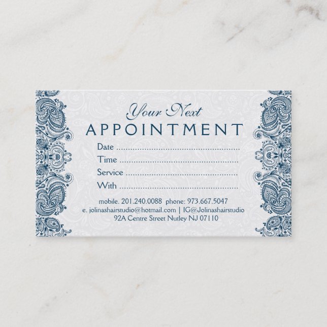 Plush White & Blue Paisley Lace Appointment Card (Front)