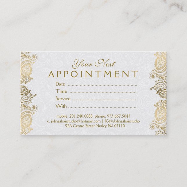 Plush White & Gold Paisley Lace Appointment Card (Front)