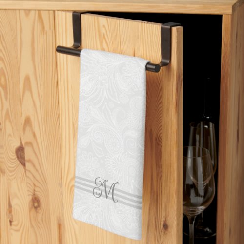 Plush White Paisley Pattern Stripes and monogram Kitchen Towel