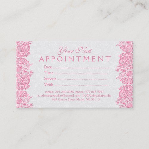 Plush White  Pink Paisley Lace Appointment Card