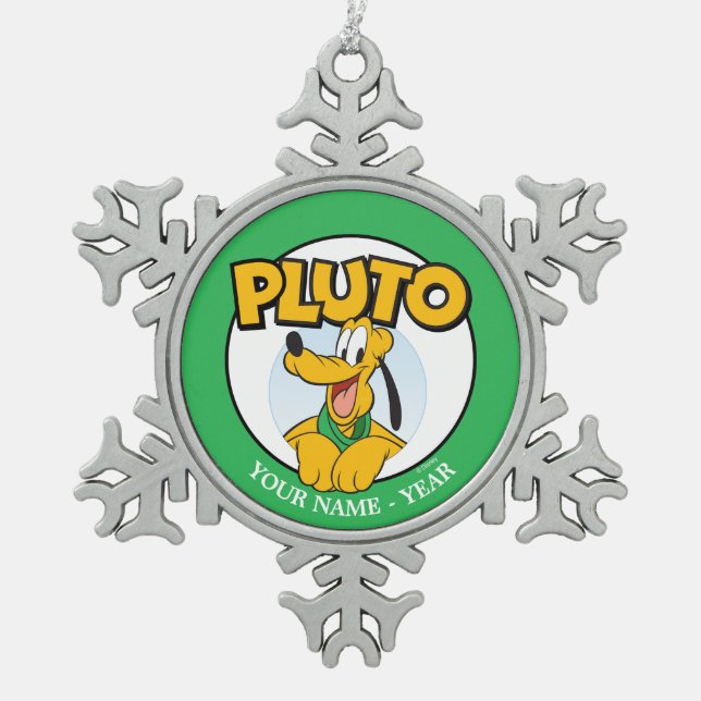 Pluto | Cartoon With Name Add Your Name Snowflake Pewter Christmas Ornament (Front)