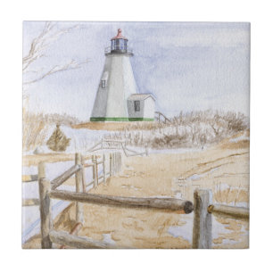 Plymought Lighthouse Watercolor Ceramic Tile