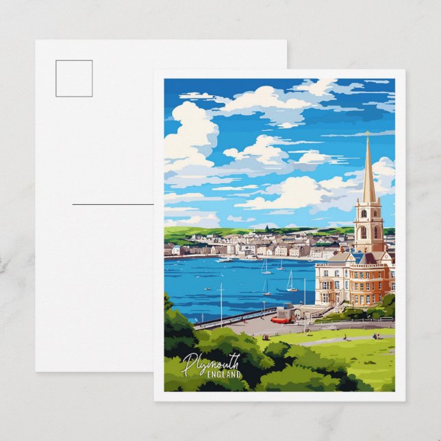Plymouth England Vintage Travel Illustration Postcard (Front/Back)
