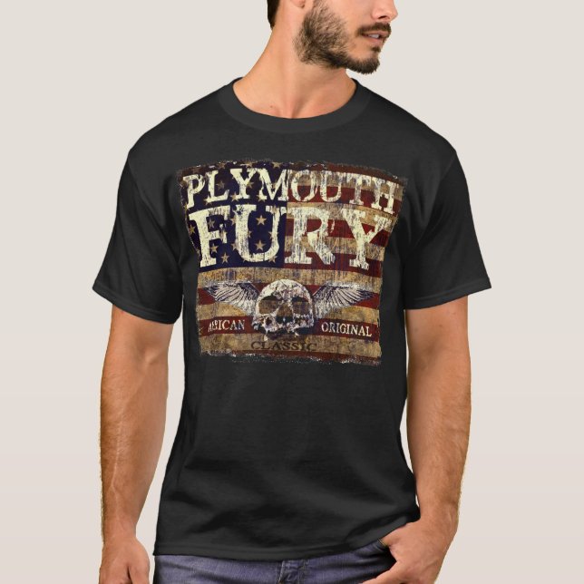 Plymouth Fury Against Eroded Flag - Skull n Wings T-Shirt (Front)