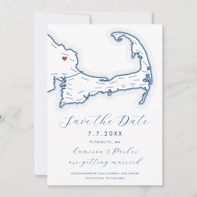 Plymouth MA Cape Cod Map Navy Blue Wedding Save The Date (Front)