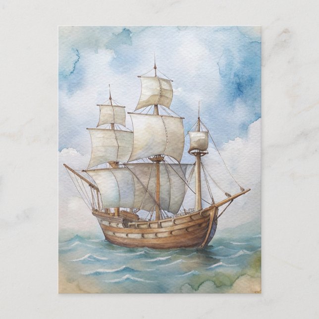 Plymouth Massachusetts Mayflower Ship Painting Postcard (Front)