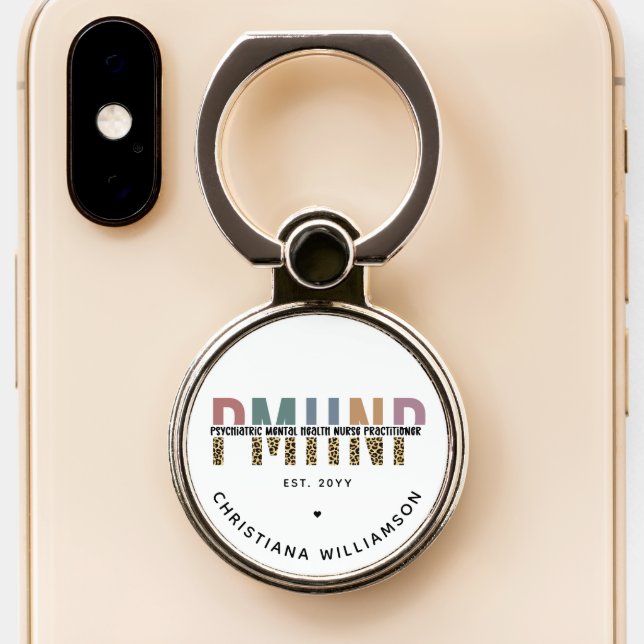 PMHNP Leopard Print Psychiatric Mental Health NP Phone Ring Stand (Close Up)