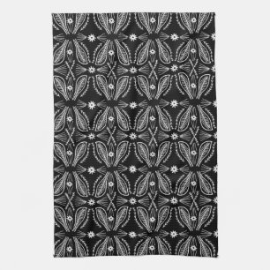 Poblanos Abstract Leaves Pattern Black Kitchen Towel