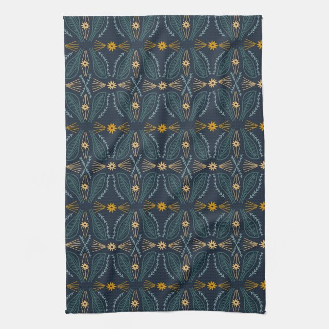 Poblanos Abstract Modern Leaves Pattern navy Kitchen Towel (Vertical)