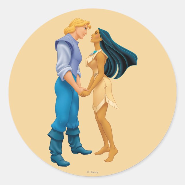 Pocahontas and John Smith Holding Hands Classic Round Sticker (Front)