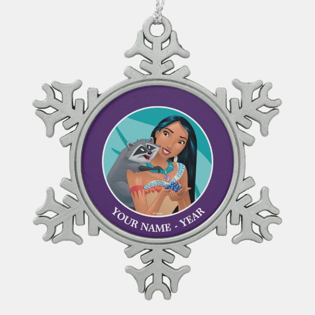Pocahontas and Meeko Add Your Name Snowflake Pewter Christmas Ornament (Front)