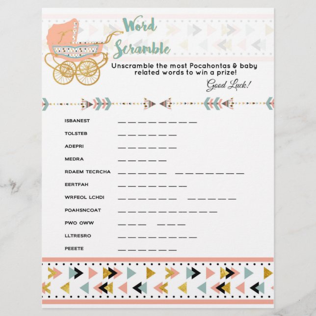 Pocahontas/Boho Baby Shower Word Scramble Game Flyer (Front)