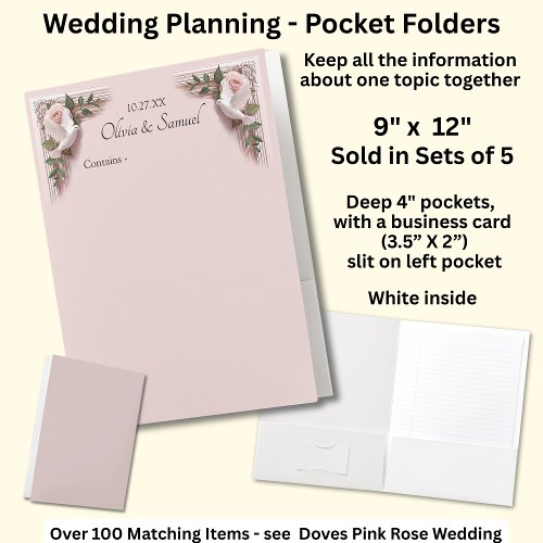 Pocket Folders Pink Roses & Doves Wedding